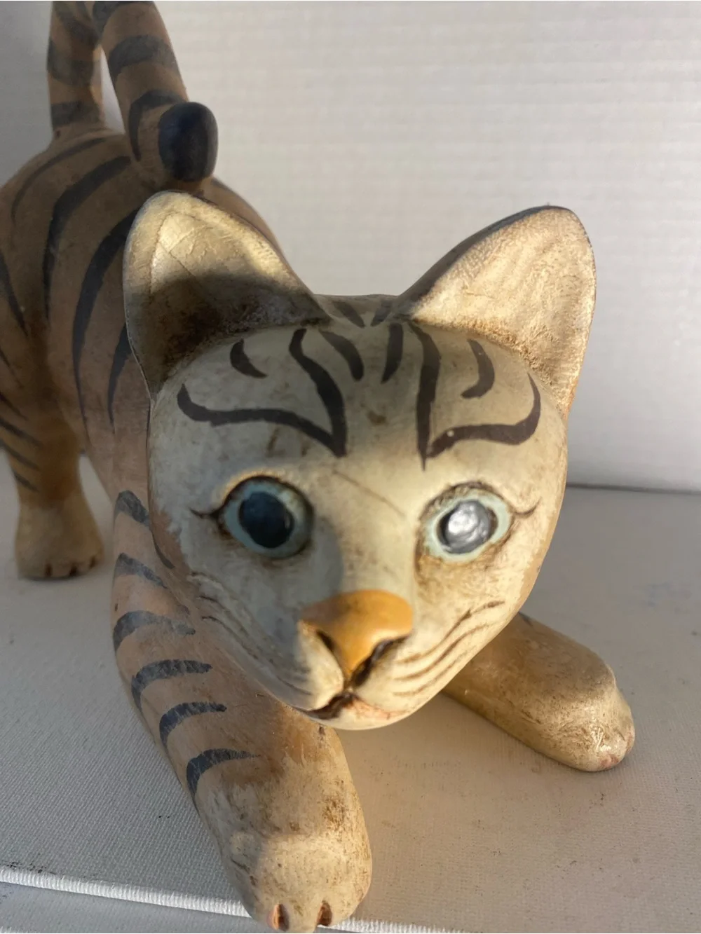 Hand-Painted wood Cat Figurine in Tan and Black made in Thailand